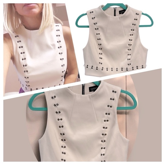 Topshop Cream Sleeveless Top Topshop Cream Crop Top with Metal Eyelet Hoops sz 6 - Picture 1 of 14
